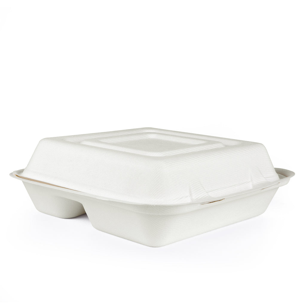 10&rdquo; 3-Compartments Bagasse Clamshell Box - 250 Units - 