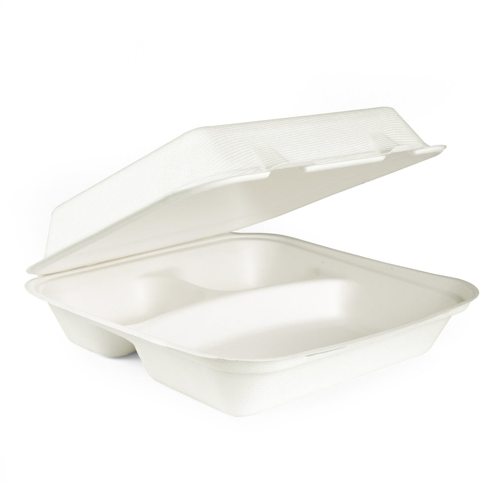 10&rdquo; 3-Compartments Bagasse Clamshell Box - 250 Units - 